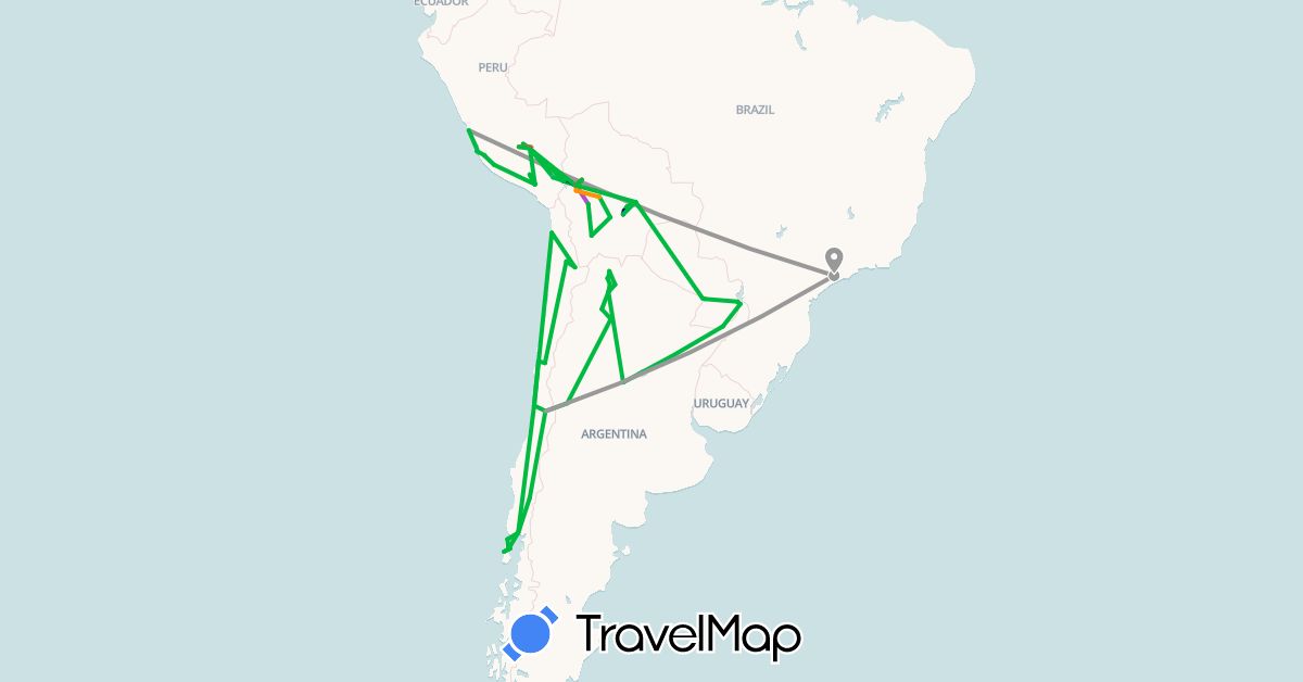 TravelMap itinerary: driving, bus, plane, train, hiking, boat, hitchhiking in Argentina, Bolivia, Brazil, Chile, Peru, Paraguay (South America)