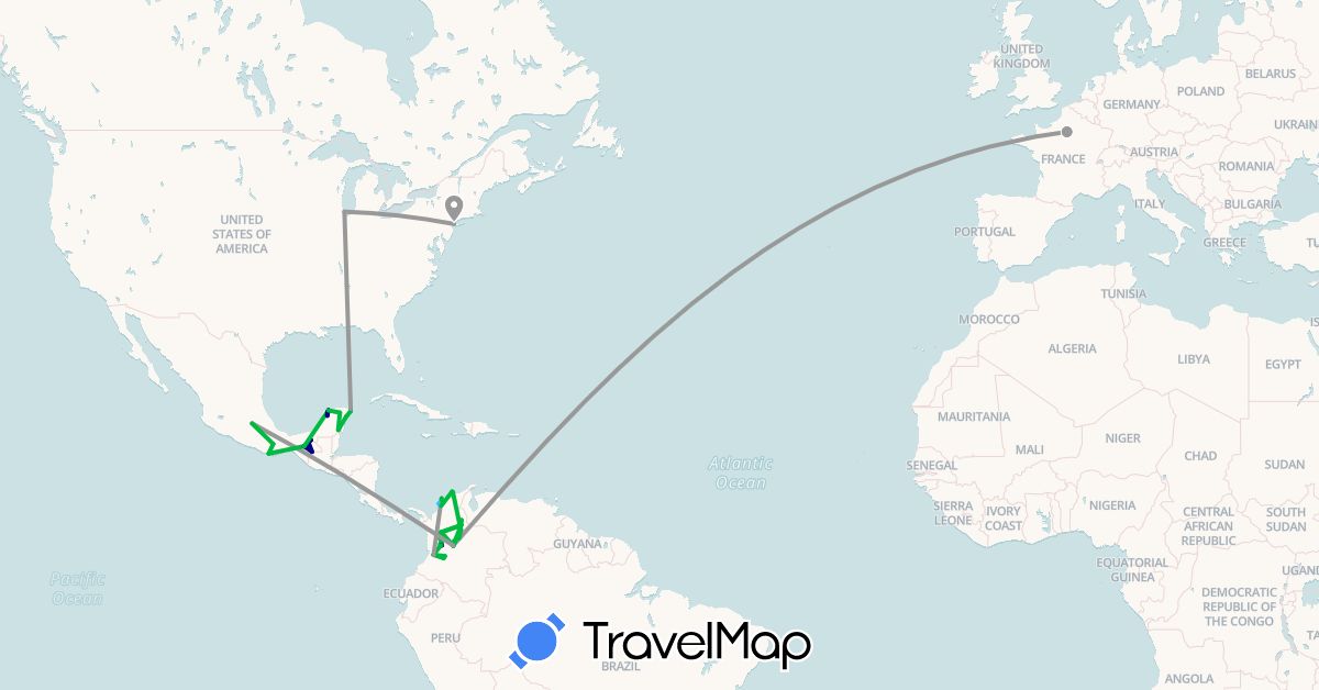 TravelMap itinerary: driving, bus, plane, hiking, boat in Colombia, France, Mexico, United States (Europe, North America, South America)